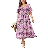 SHESTARR Women's Plus Size Dress Short Sleeve Square Neck Smocked Side Split Flowy A Line Long Maxi Dress