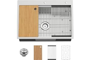 KOARDINK 30x22In Drop In Kitchen Sink Workstation- Stainless Steel Topmount Modern Large Single Bowl Workstation Sink Come With SS Grid,Drying Rack,Cutting Board,Drain Assembly For Various Kitchen Style