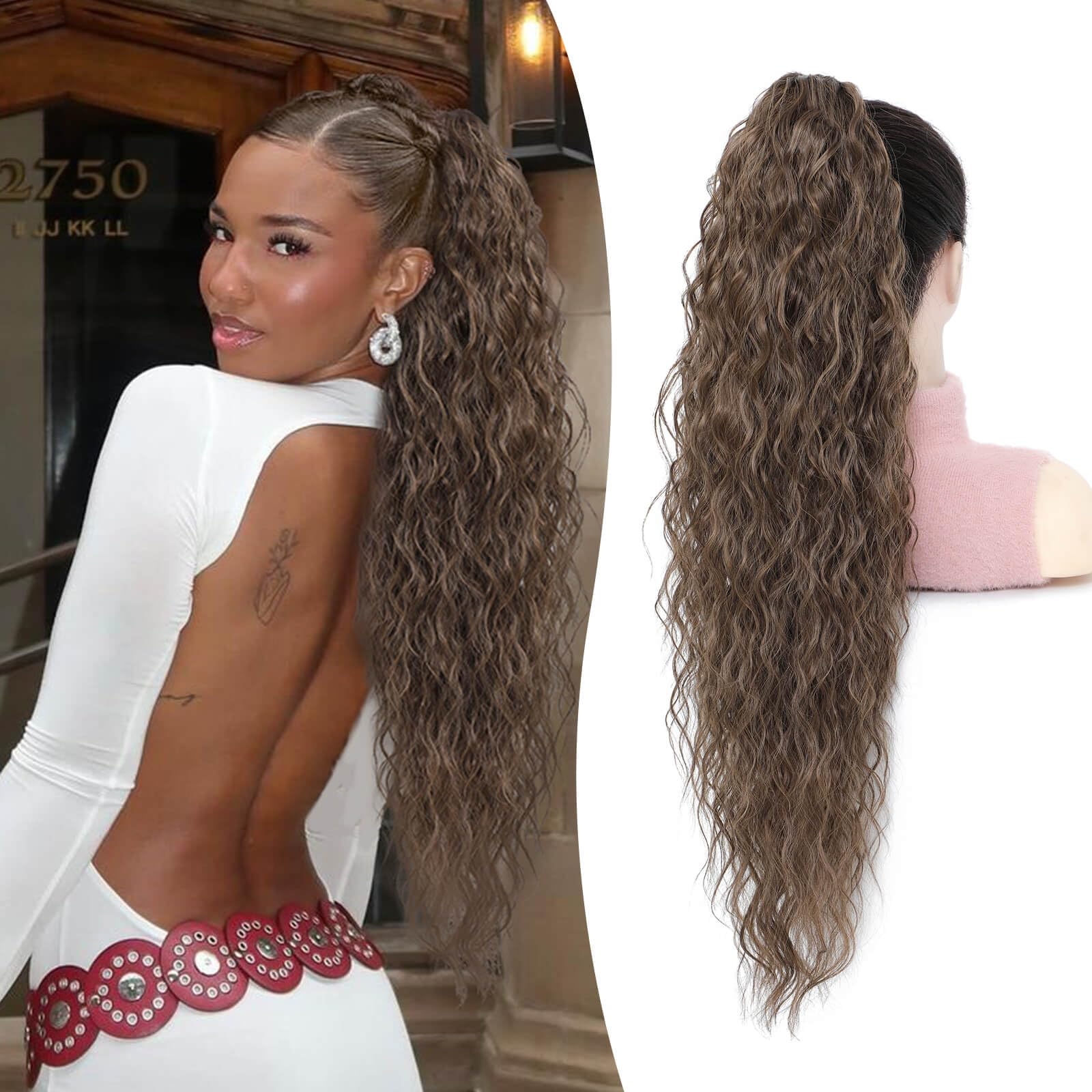 Flyroseing Ponytail Extension, Synthetic Claw Clip in Ponytail Hair Extensions, 30inch Long curly Ponytail Extension, Medium Brown Pony Tails Extensions for Women — image 1