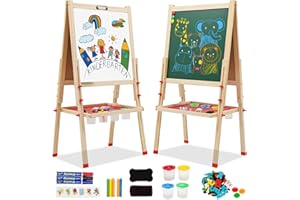 Kids Easel Double Sided Wooden Art Easel with Whiteboard & Chalkboard Height Adjustable Standing Toddler Easel with Magnet St