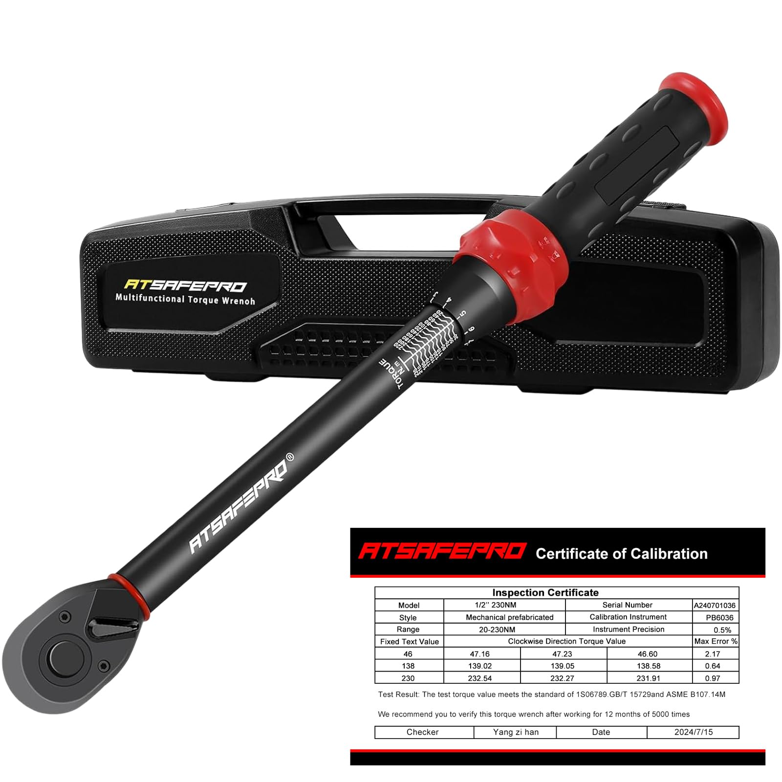 ATsafepro Torque Wrench 1/2 Inch 20-230 Nm, Dual-Direction Drive Click Adjustable Wheel Torque Wrench, Accuracy ± 3% 72 Tooth for Automobile Maintenance