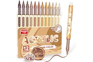 Guangna 12 Brown Acrylic Paint Markers, Brush Tip Acrylic Paint Pens for Pumpkin Paint, Rock Painting, Wood, Glass, Paper, Co