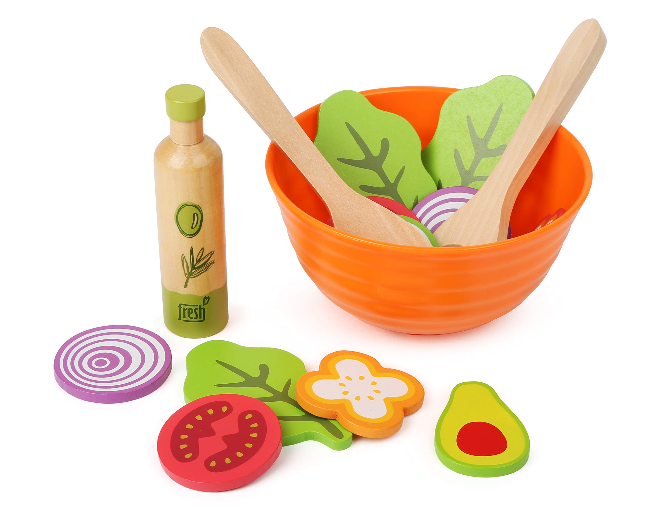 Small Foot 11476 Wooden Salad Set, Children's Vegetarian Play Kitchen Accessory, Incl. Bowl, Salad Utensils and Dressing