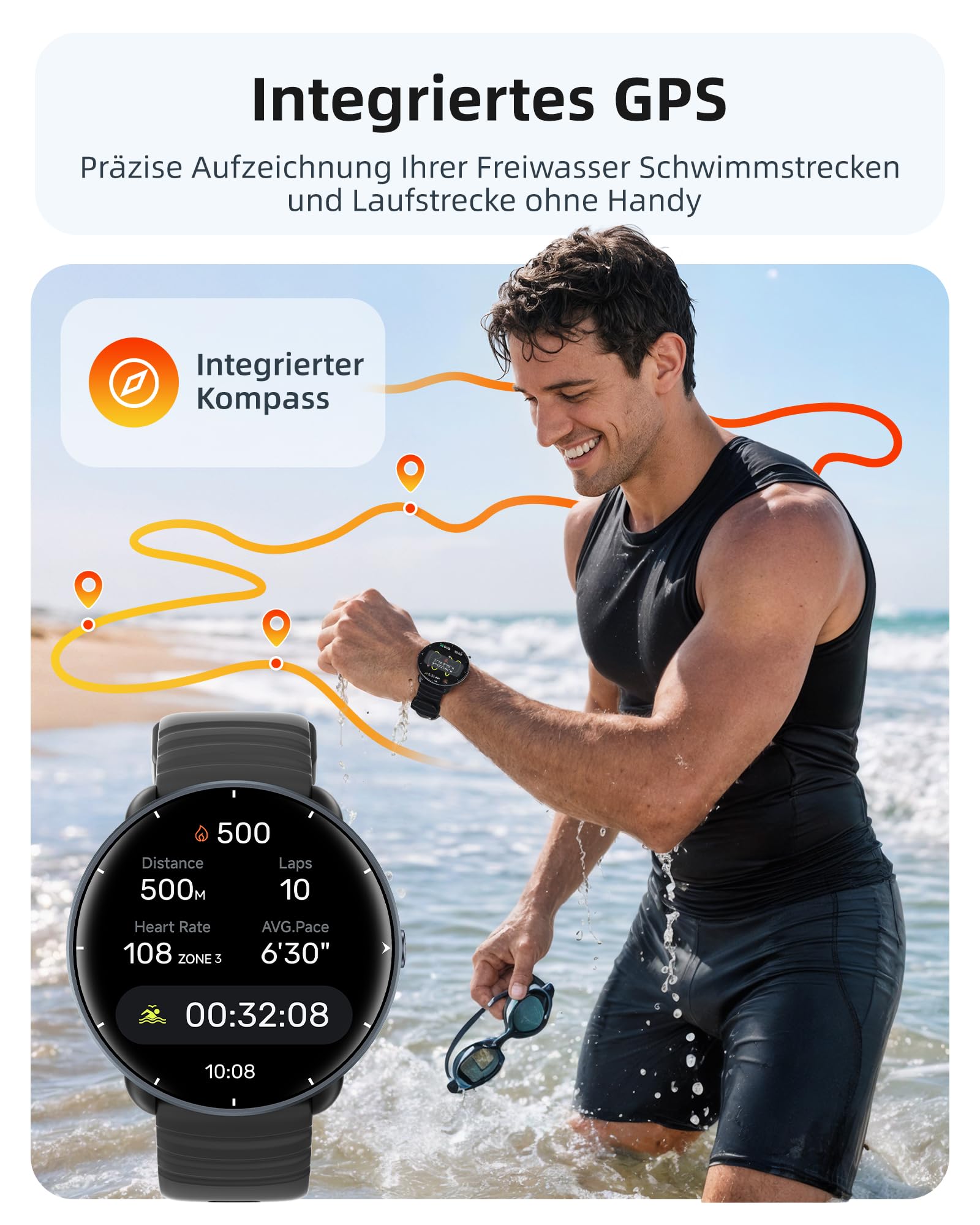 Parsonver Smartwatch Herren Damen, Integriertes GPS, 5 ATM wasserdichte Schwimmuhr für Pool/Offenen Gewässern, Fitness Uhr mit AMOLED Display, 100+ Sportmodi, Herzfrequenz, Schlafen (Schwarz, 42 mm) 3