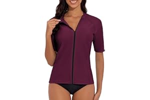Tournesol Women's Rash Guard Short Sleeve Swim Shirt Zip Front Swim Top UV Sun Protection Swimsuit Top No Bra
