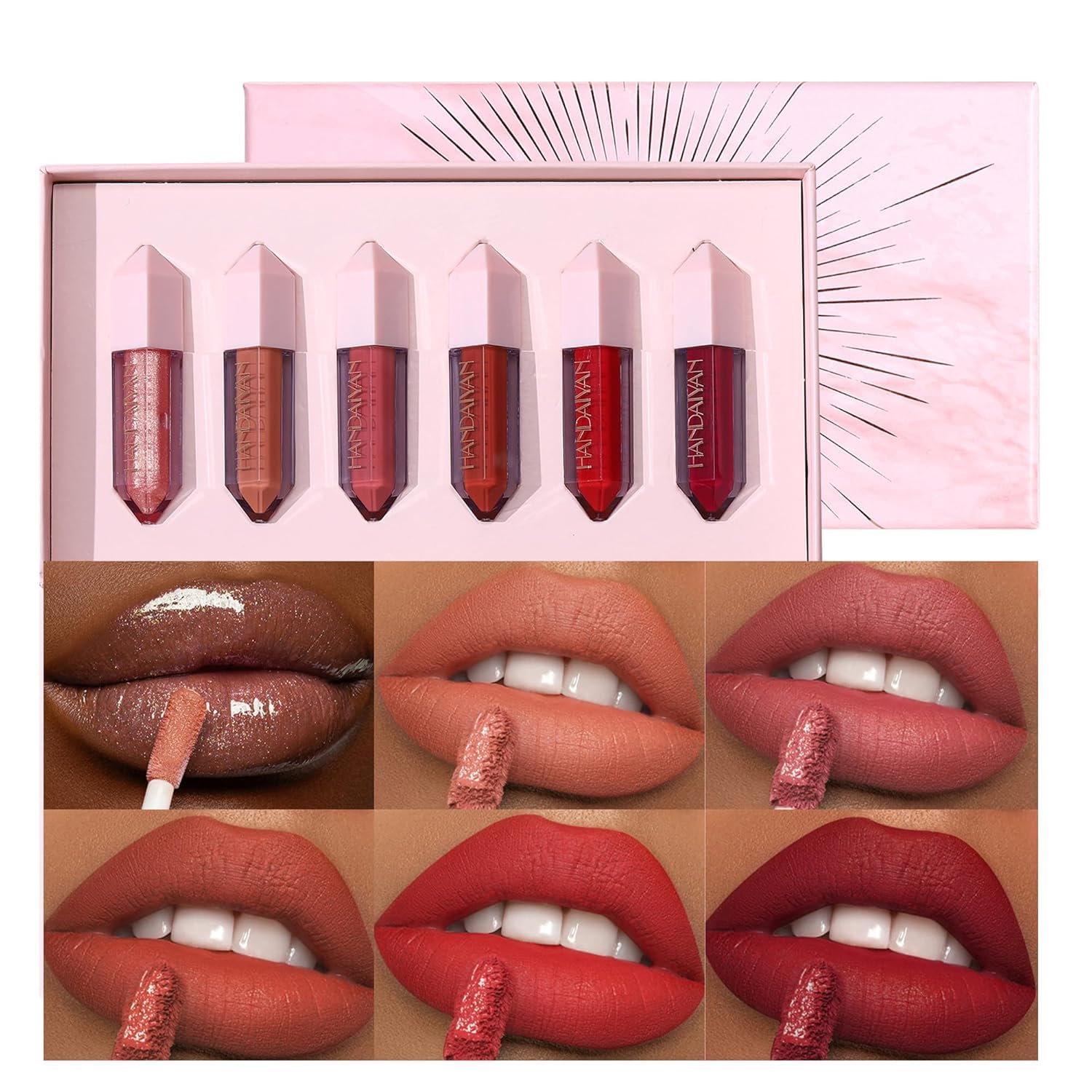 6PCS Diamond Lip Gloss Set, Matte & Pearlescent Finish, Long Lasting Waterproof Liquid Lipstick Set, High-Pigment Formula Liquid Lipstick for Girls and Women (Diamond Lipgloss SetB)