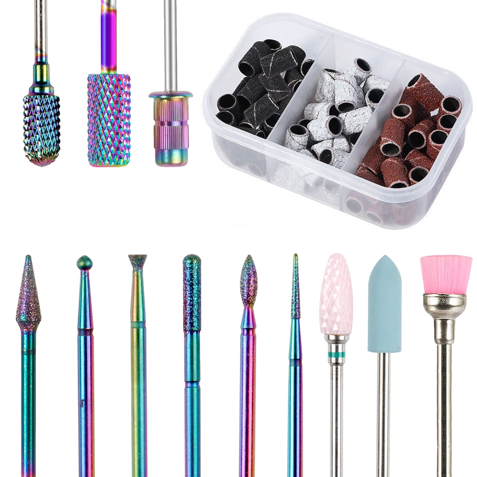 Nail Drill Bits Set, 12Pcs 3/32in Ceramic Tungsten Carbide Nail Drill Bit,Diamond Cuticle Electric Nail File Bits For Acrylic Nails With 75Pcs Nail Sanding Bands (80,120,180) For Manicures Pedicures