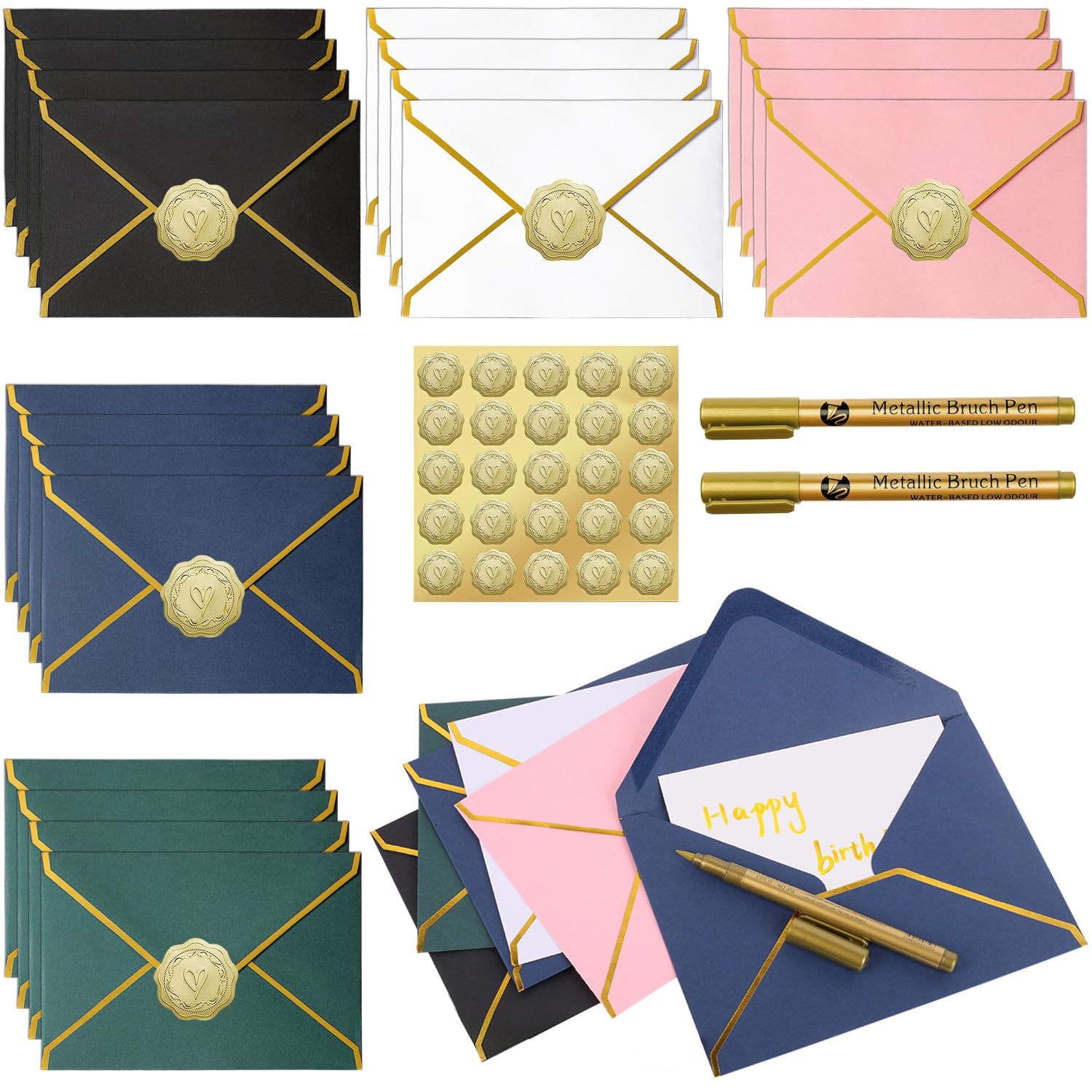 Fzyisw 25Pcs Coloured Envelopes 17,5x13,5cm Gift Envelopes with 25 Blank Cards, 25 Gold Foil Envelope Seals Favor Stickers and 2 Gold Pens for DIY Invitations, Wedding or Festival Cards