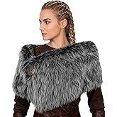 L'VOW Women Viking Faux Fur Shawl and Wrap Fur Stole with Medieval Brooch Fur Collar for LARP GoT Warrior Costume Accessories