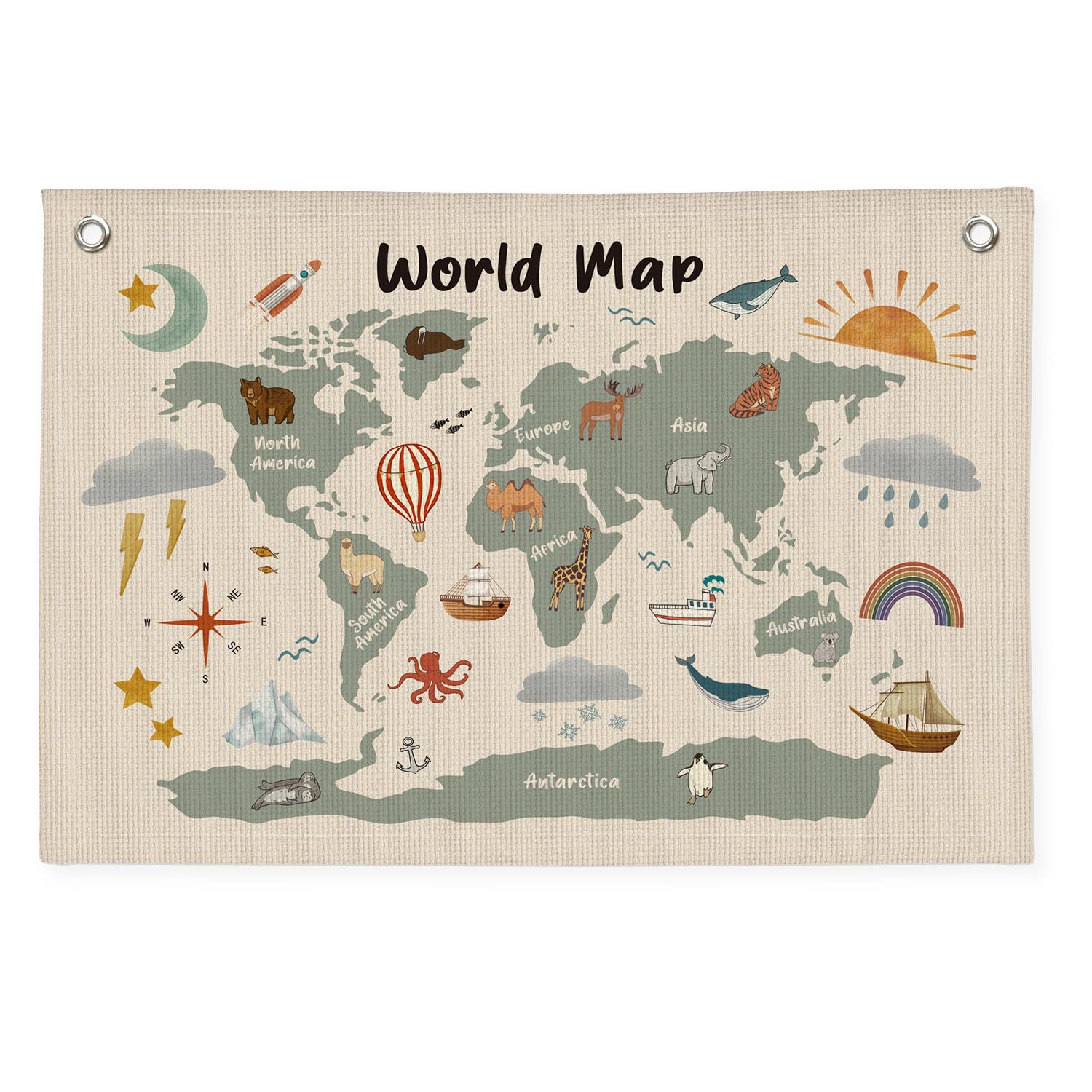 Photo 1 of Wheatwin World Maps for Wall, Kids World Map Banner, Cute Animal World Map Educational Tapestry Wall Hanging Banner Flag Decor for Kids Room Classroom Playroom