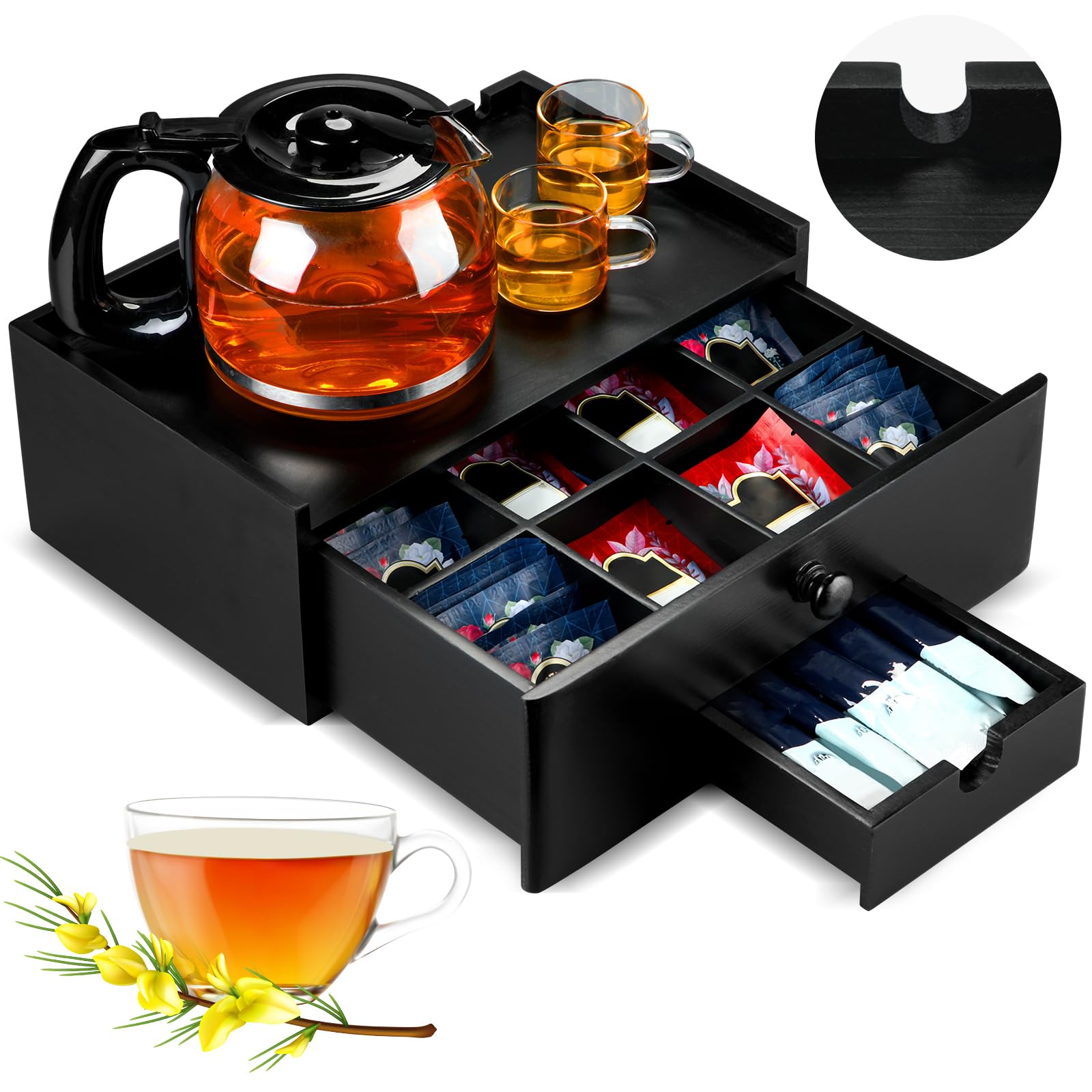 Photo 1 of Cinnvoice Tea Bag Organizer Wood Tea Organizer Storage Box 8 Compartments Container Holder with Lid to Storage and Keep Fresh(Black)