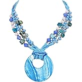 Coiris Shell Pendant Statement Strand Necklace for Women Boho Multi Beads Natural Stone Colorful Necklace Bohemian Handmade Chunky Shell Beaded Collar Jewelry for Women