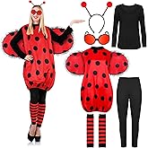 AOTHSO 7 Pieces Halloween Women Ladybug Costume Set Adults Cosplay Ladybug Wing Dress Headband Glasses Leg Warmers Top Pants