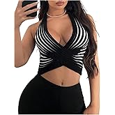 SHENHE Women's Sexy Backless Halter Crop Top Striped Cross Wrap Deep V Neck Going Out Top Tank