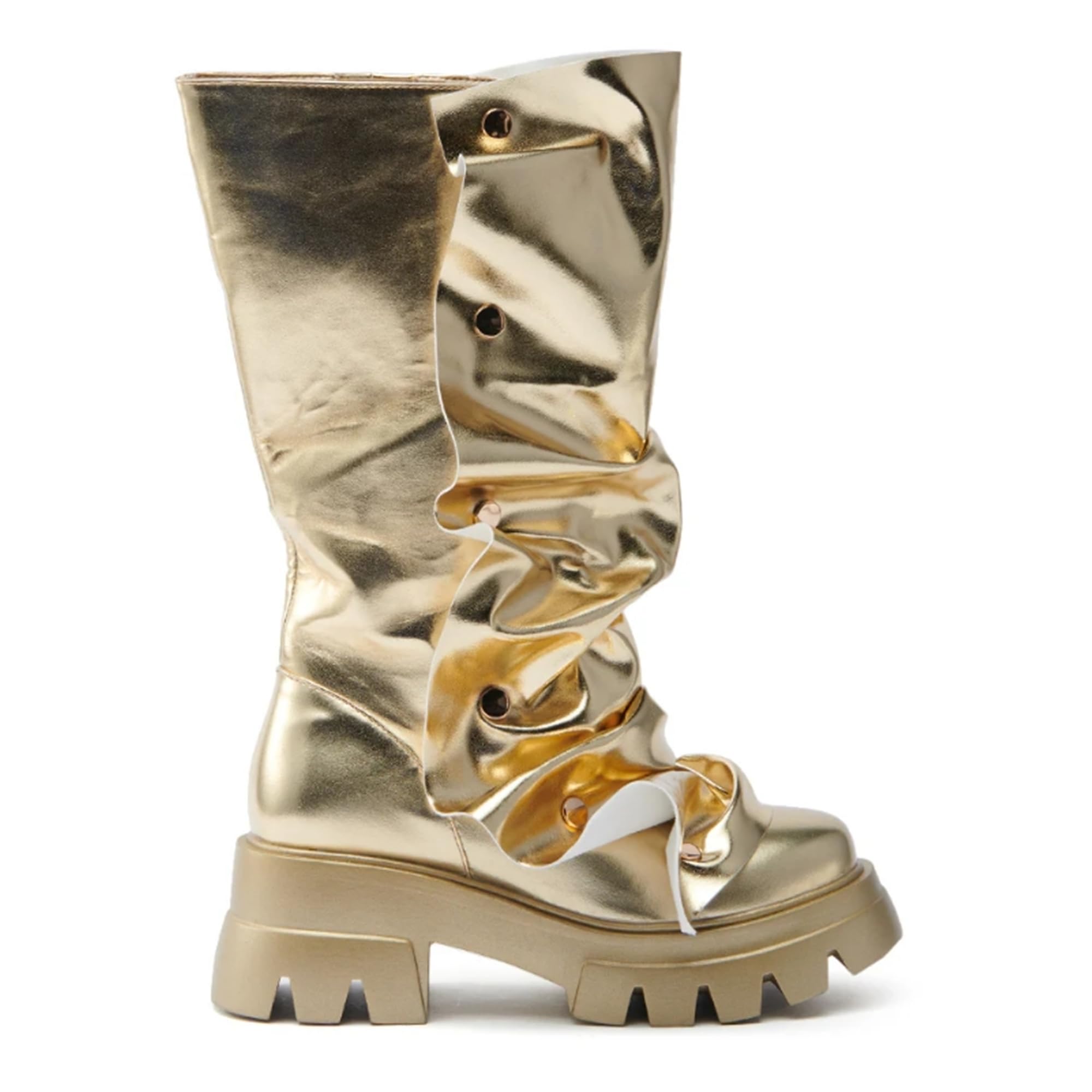 Photo 1 of DETOGNI Womens Metallic Mid Calf Pull-On Fit Flat Boots Scrunched Detachable Overlay Snap Buttons Chunky Platform Rounded Toe Booties Gold 9
