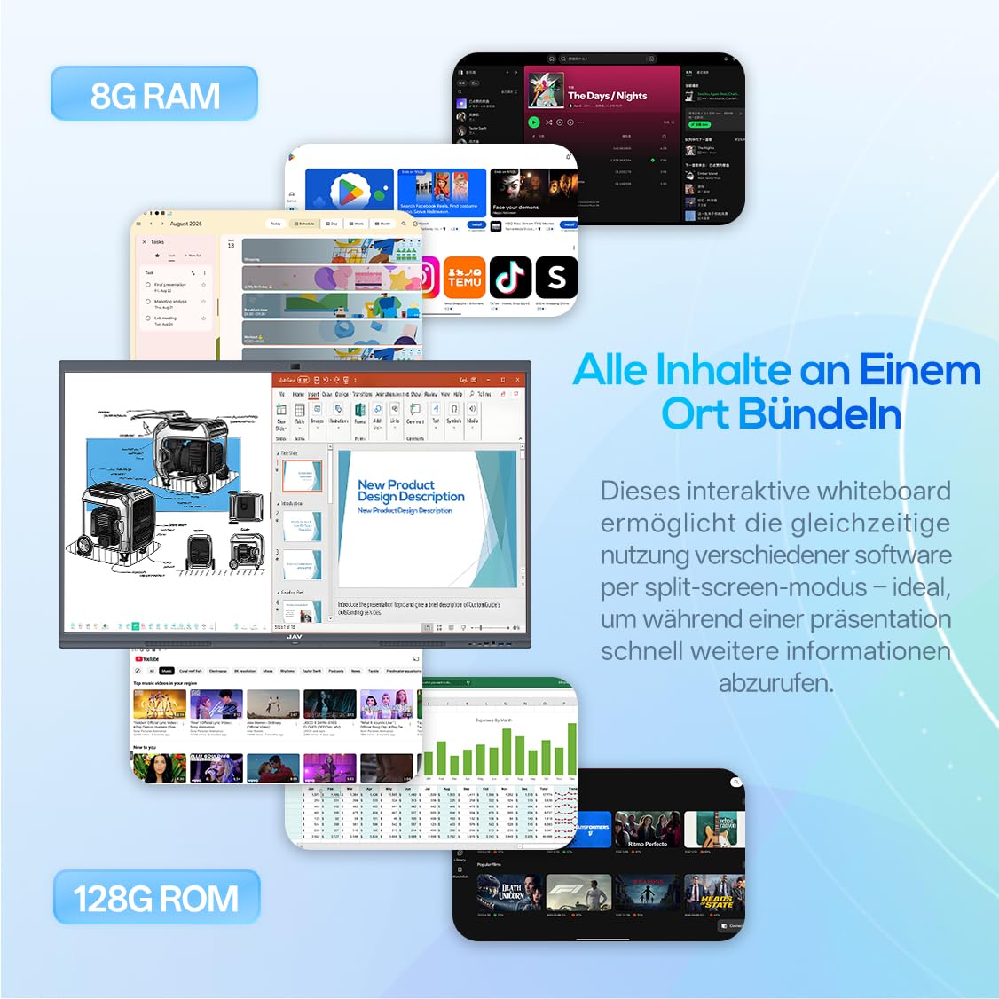 JAV Smart Board 55 Zoll Interaktives Whiteboard 4K UHD Touchscreen Android 14 mit Google EDLA Zertifiziert Digitale Elektronische Whiteboard 8+128GB Eingebaute 48MP Kamera für Büro Schule 4