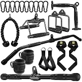 LAT Bar Cable Attachment with Rubber Handgrips, Deluxe Heavy Duty Solid Curl Bar Revolving Hanger Home Gym Cable Attachments (Black 35.5 inch Set)