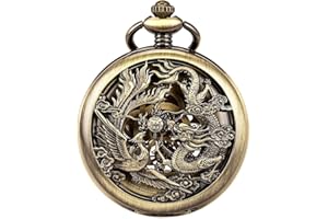 oyeaho Mechanical Pocket Watches for Men, Lucky Dragon and Phoenix, Skeleton Pocket Watch with Chain
