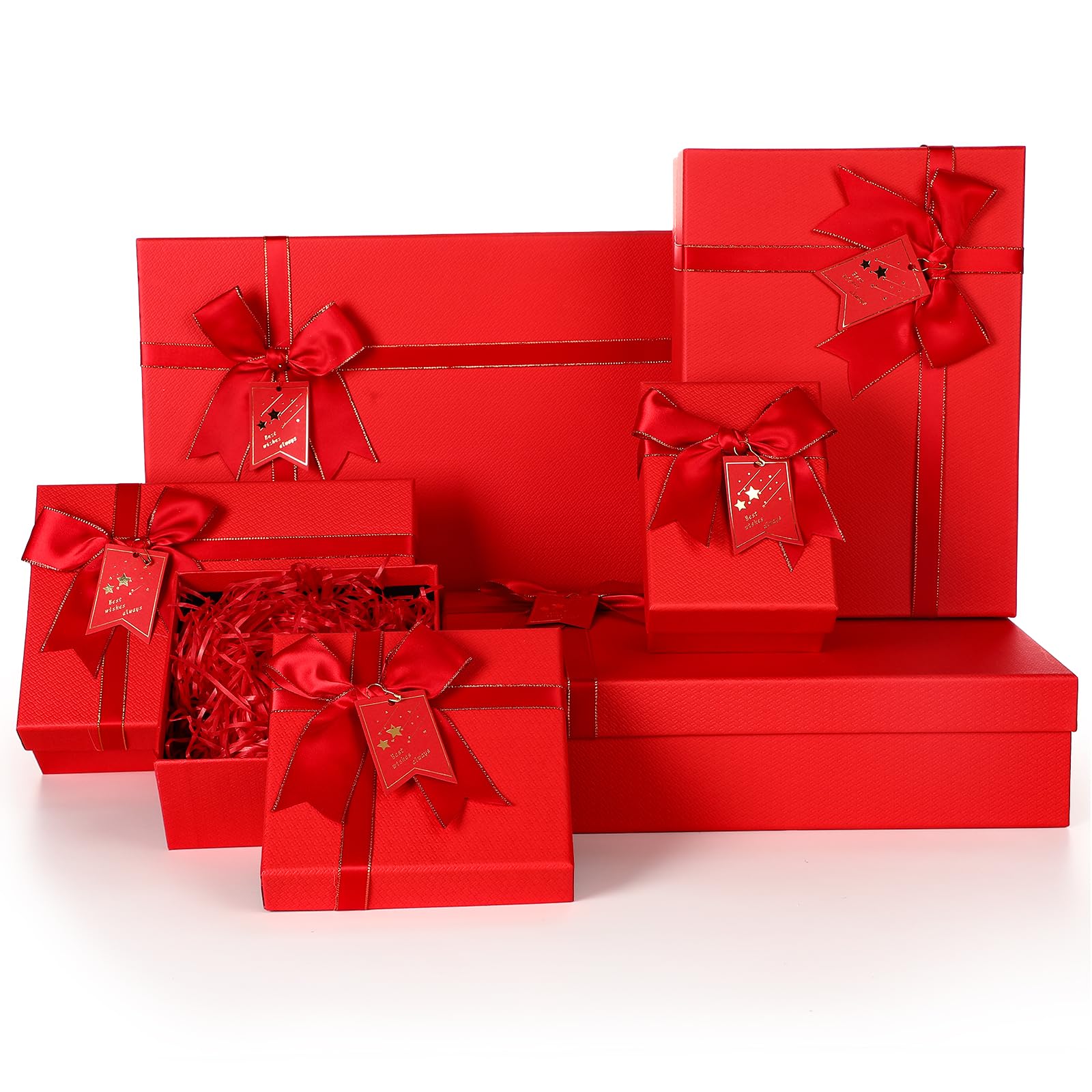 Photo 1 of Jetec 6 Pack Gift Boxes Nested Wrapping Boxes with Lid for Presents 6 Assorted Sizes with Ribbon Bows Label for Weddings Birthdays Bridal Shower Anniversary Party (Red)