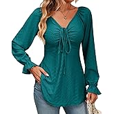 AMOMA Women Casual Tie Front Ruched Drawstring Long Sleeve Jacquard Shirt Elegant Flowy Tunic Tops(L,PeacockBlue)