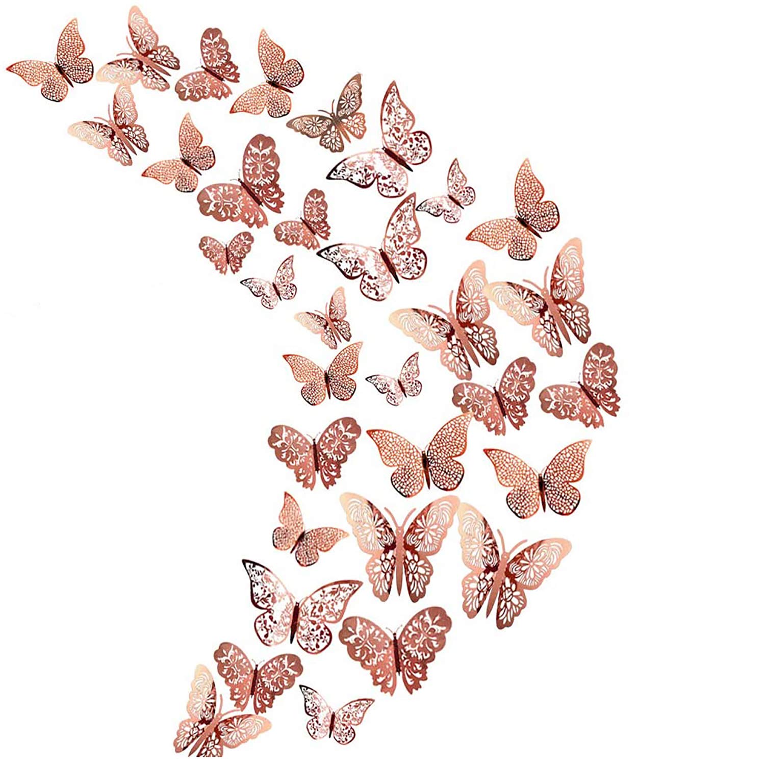 36Pcs Rose Gold 3D Butterfly Wall Stickers， Metallic Art Sticker ，Butterfly Wall Decals for Home Decor Butterflies Fridge Sticker Room Decoration Party Wedding Décor