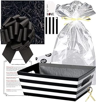 Amazon Com Gift Basket Making Kit Do It Yourself Diy Build Your Own Gift Basket Matching Supplies Market Tray Basket Cellophane Bag Shredded Crinkle Paper Ribbon Pull Bow Black And White Stripe X Large