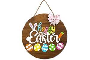amiatalo Happy Easter Wooden Hanging Sign Easter Welcome Sign Door Decoration with Bow, Rustic Easter Wooden Door Hanger for Home Farmhouse Window Indoor Outdoor Easter Decor