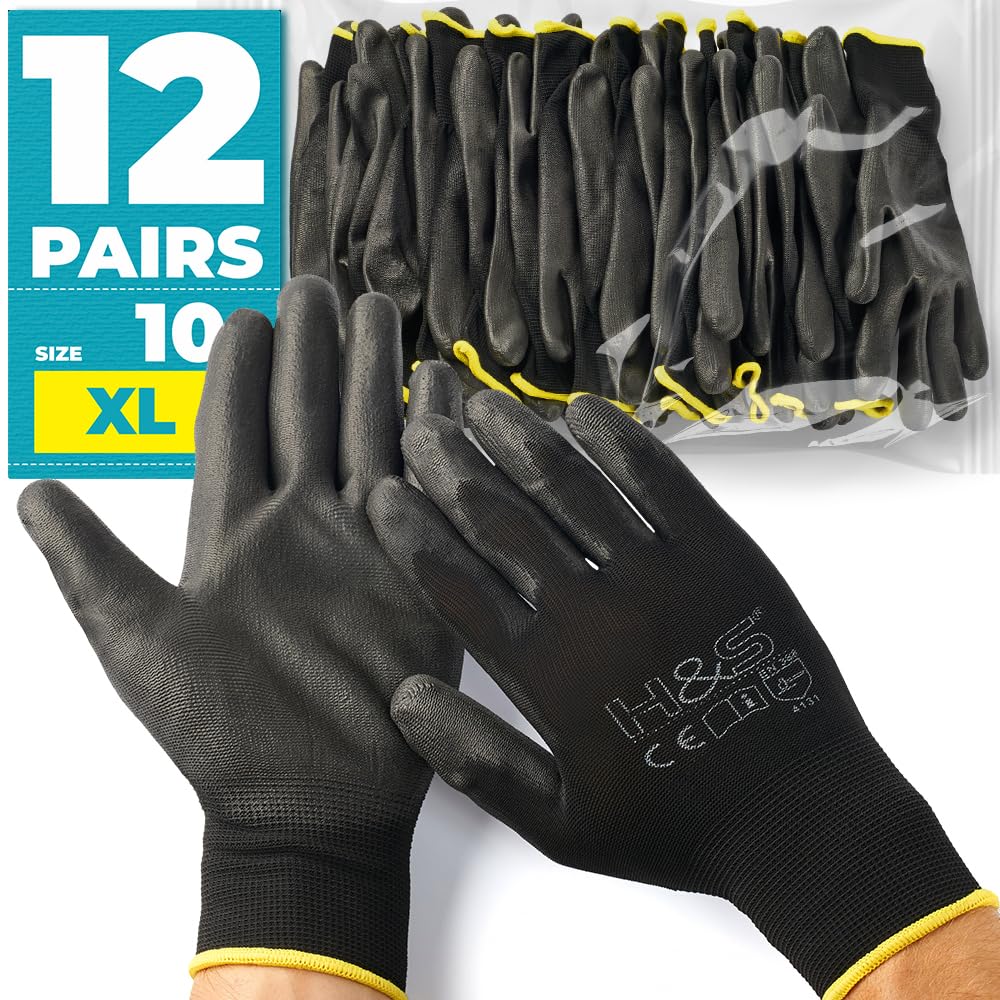 12 Pairs of Work Gloves XL (10) Nylon PU coated CAT II available XS extra-small (6),S small (7), M medium (8), L large (9), XL x-large (10), XXL xx.large (11) seamless multi-purpose black colour coded