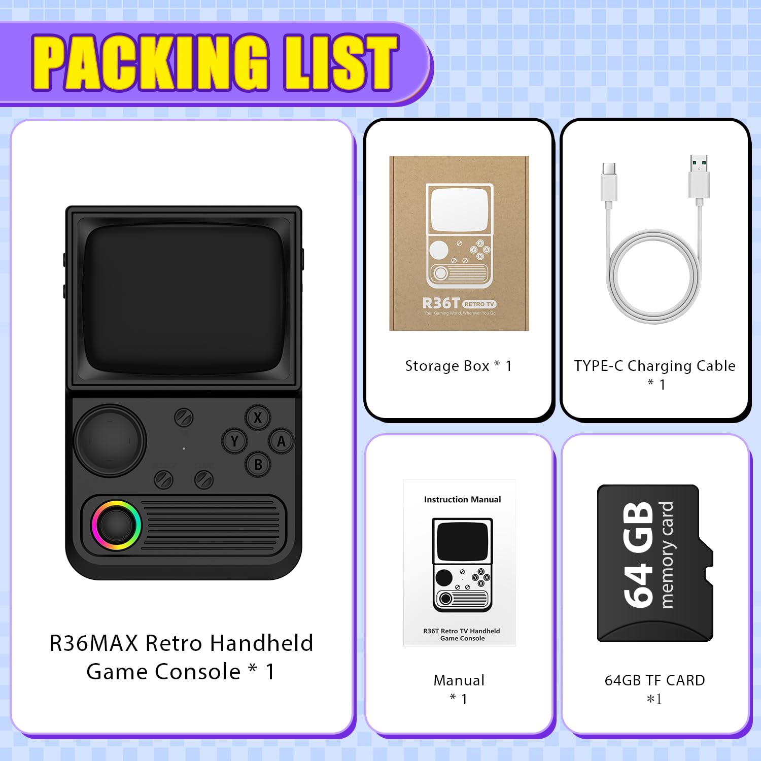 R36T Retro Gaming Console, 3.5'' IPS Screen CRT-Inspired, Handheld Game Console with 18000+ Classic Games Supports WiFi Networked Fighting and OTG, 3500mAh Battery, with Portable Case(Black 64GB)