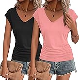 Zeagoo Womens Summer Tops Cute V Neck Cap Sleeve Tshirts Loose Fit Dressy Casual Shirts Ruched Top Tees