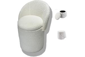 Modern 3 in 1 Round Swivel Vanity Storage Stool, White Sherpa Makeup Ottoman with Foldable Backrest, Desk Ottoman & Storage C