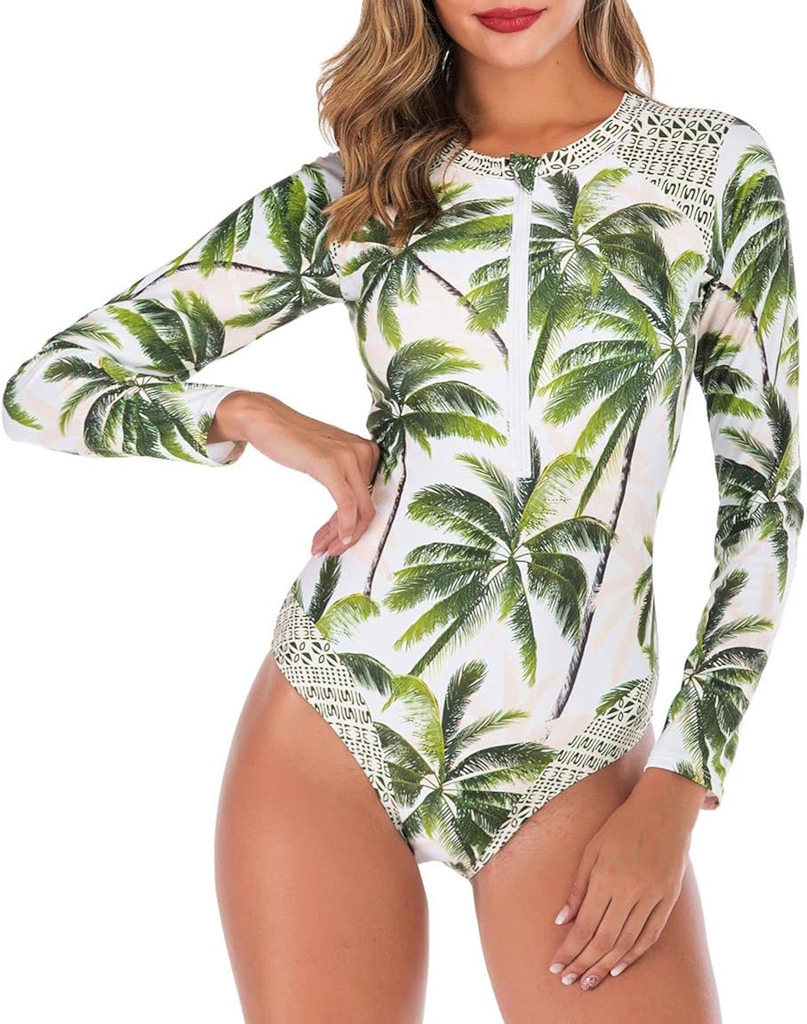 Yateen Women S Zip Front Printed Swimwear One Piece Long Sleeve Rash Guard Uv Protection Surfing Swimsuit At Amazon Women S Clothing Store