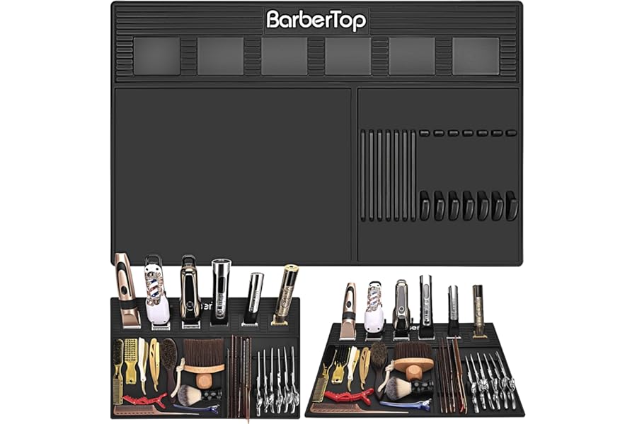 Magnetic Barber Mats for Clippers, with 6 Magnets & Dedicated Slots – 19.29″x12.6″ Anti-Slip Heat Resistant Barber Station Organizer Mat, Scissors, Combs & Salon Tools Pad for Grooming Table Tray