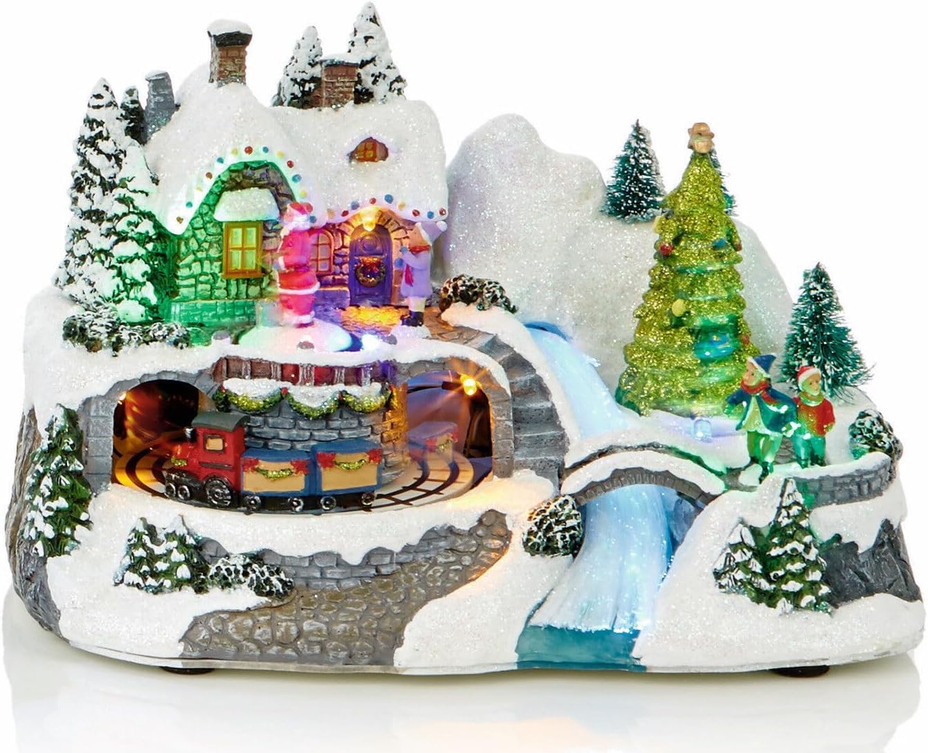 Premier Large LED Light Up Christmas Animated Traditional Village Snow Scene with Three Rotating Turntables - Santa & Train