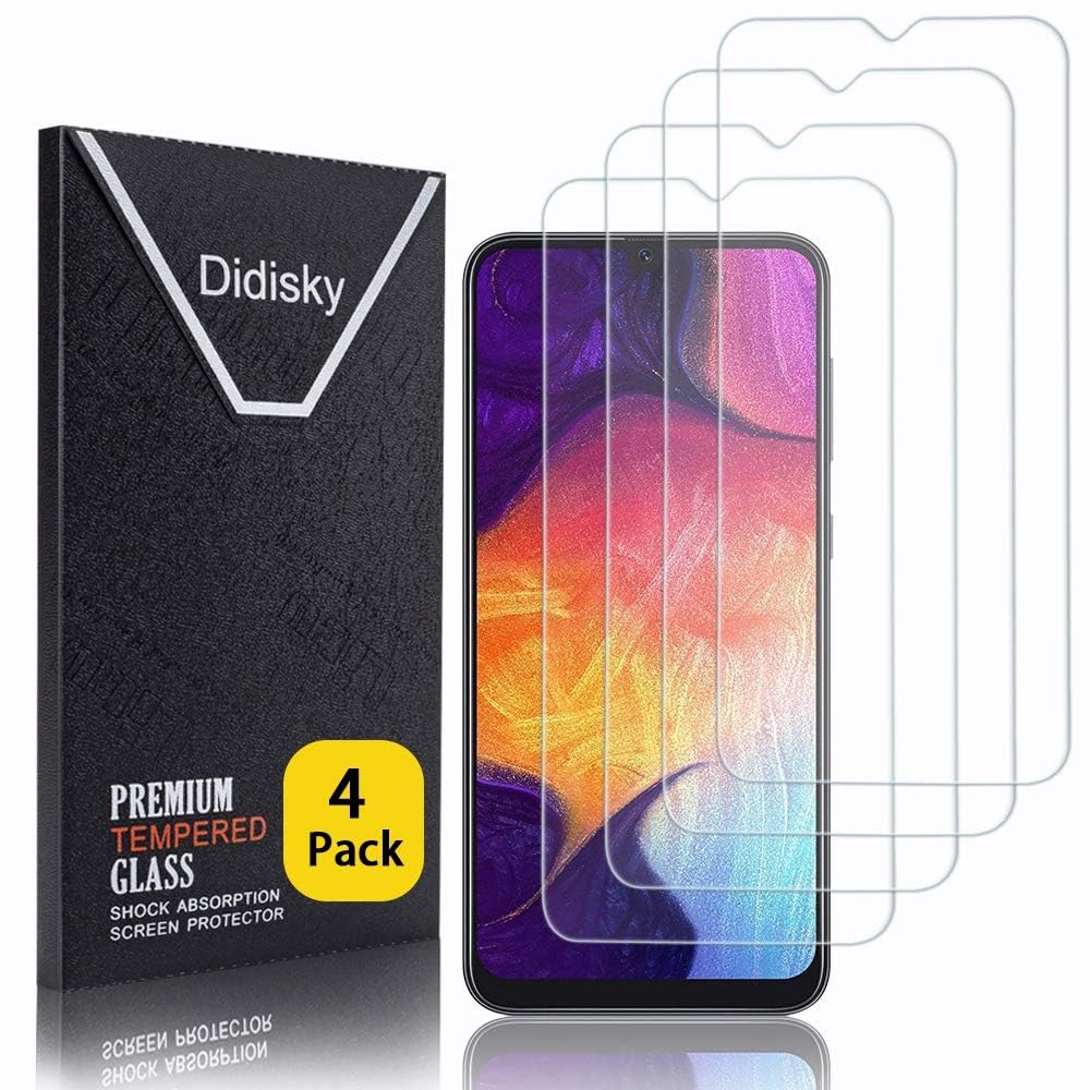 Didisky [4 Pack Tempered Glass Screen Protector for Samsung Galaxy A50 2019, Anti Scratch, 9H Hardness, No Bubbles, High Definition, Easy To Apply