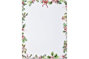 GIFT BOUTIQUE Christmas Stationery Paper Letterhead Sheets 100 Pack Holiday Xmas Red Berries & Holly Leave Greenery Border For Writing Letter Computer Office Notes Wedding Invitations & Printing Supplies 8.5" X 11"