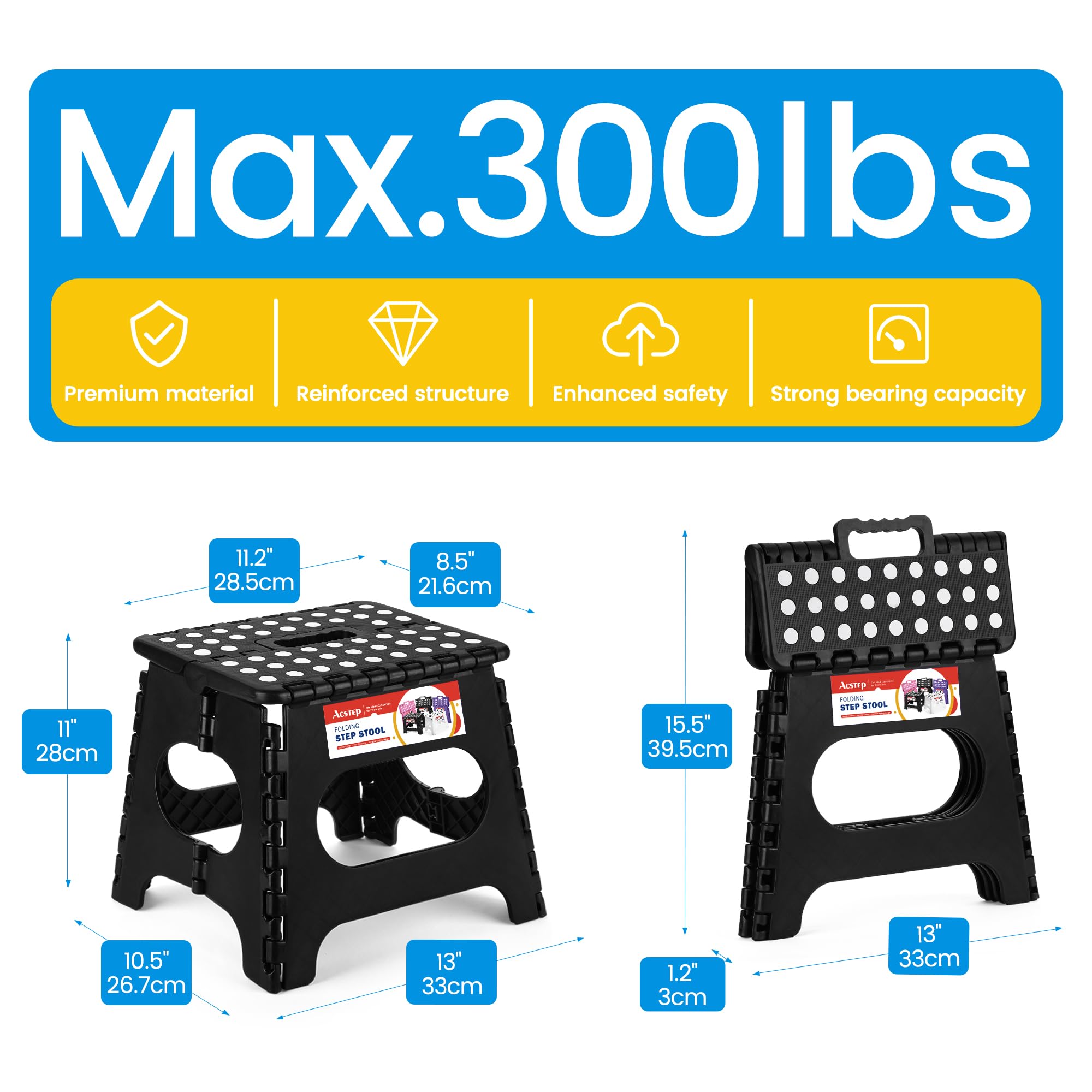 ACSTEP Folding Step Stool for Adults-11 Height Lightweight Plastic Stepping Stool. Foldable Step Stool Hold up to 300lbs Non Slip Collapsible Stool Black