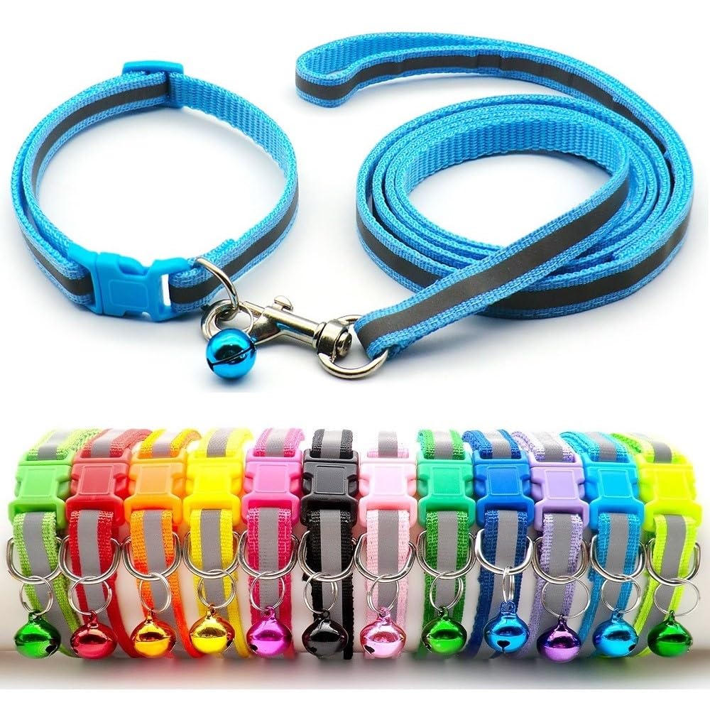 Small Dog Puppy Pet Collar and Lead Set Reflective Hi-Vis Strip Nylon Adjustable Size 19-32cm Collar with Bell and 120cm Leash Light Blue