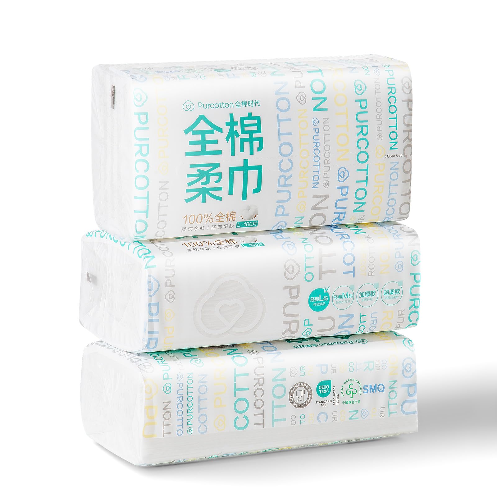 Purcotton Disposable Face Towel, 100% Cotton Dry Wipes, Biodegradable and Unscented Cotton Tissue, 300 Ct Face Cloths for Makeup Removing, Skin Care, Traveling, 20 x 20 cm