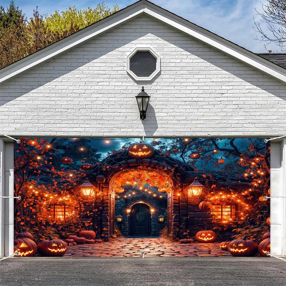 Photo 1 of 16X7FT Halloween Garage Door Cover Banner Backdrop Spooky Pumpkin Garage Door Decorations Scary Cemetery Photographic Studio Photo Backgrounds Autumn Maple Leaves Enchanted Forest Party Supplies