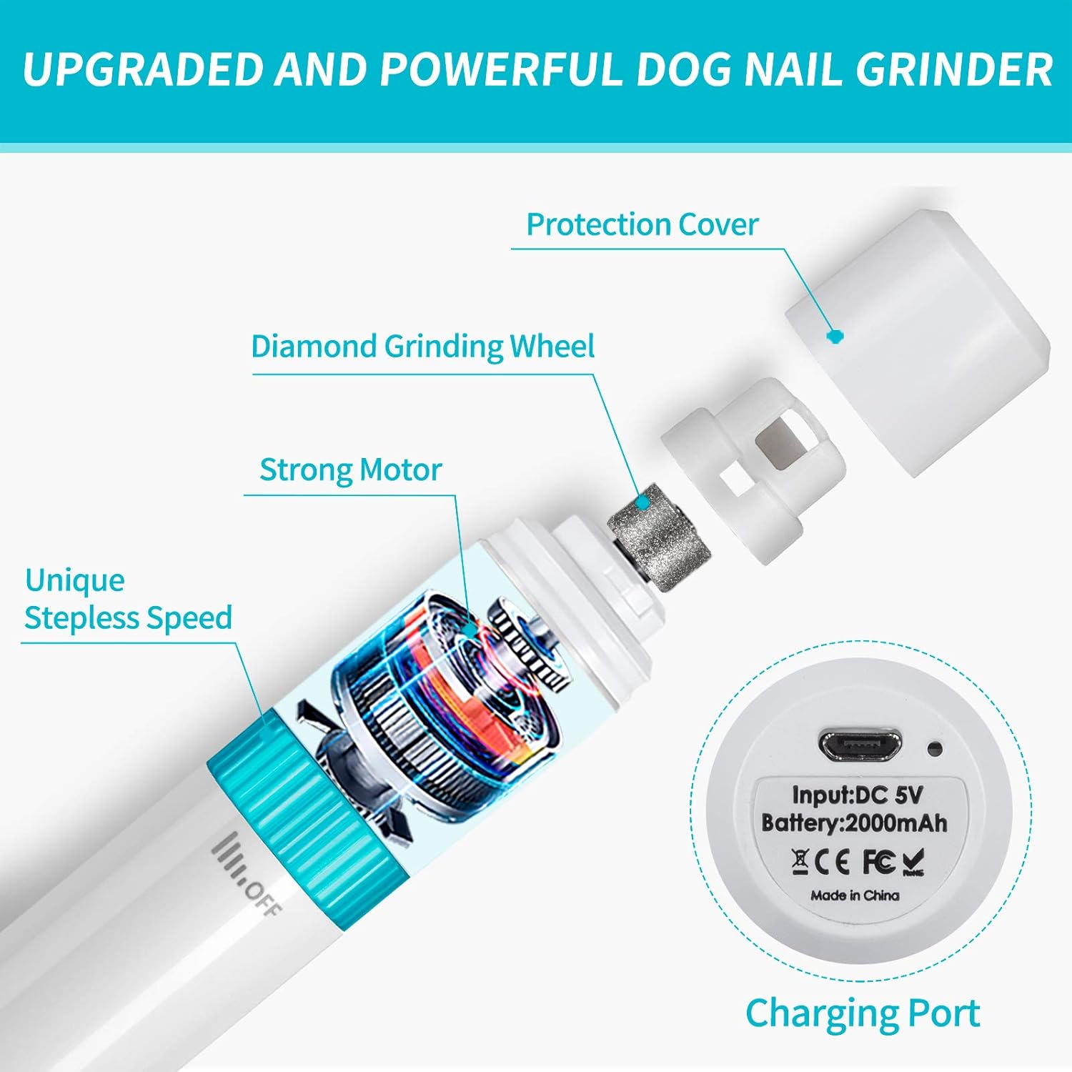 HIRALIY Dog Nail Grinder Upgraded Electric Pet Paw Clipper Trimmer Quiet with 20h Working Time Stepless Speed Regulation Pet Nail Grinder Electric Nail File for Dogs and Cats Weight Less Than 55lb