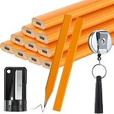 Hohean Carpenter Pencils, 7" Flat Octagonal with Holder, Yellow | Wood Working Pencil with Sharpener and 24" Retractable Pull Pen Holder, 5mm Break-Resistant HB Core, for Construction Diy