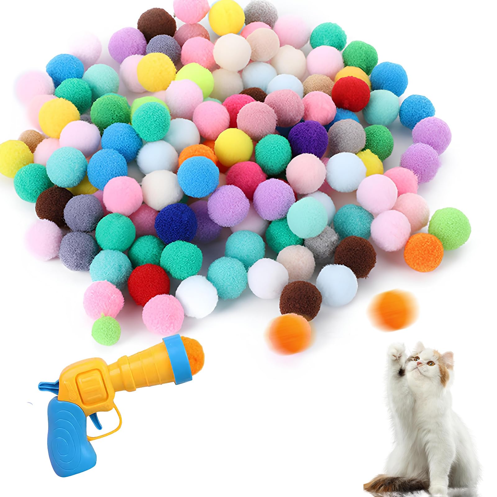 Cosswe Cat Ball Launcher, Soft pom pom Balls for Pet Chasing Training Soft Balls Cat Fetch Toys Interactive Cat Ball Launcher with 100pcs cat balls