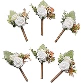 Meldel White Boutonniere for Men Wedding,Set of 6,Groom and Groomsman Boutonniere for Wedding,Greenery Rose Corsage for Men Ceremony Anniversary Party Prom Homecoming