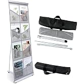 Outus 8 Pocket Mesh Literature Holder Portable Floor Stand Roll up, Gray | Lightweight Magazine Rack for Trade Shows, Collapsible Brochure Stand with Bag, Flyer Display for Office, Catalog Organizer