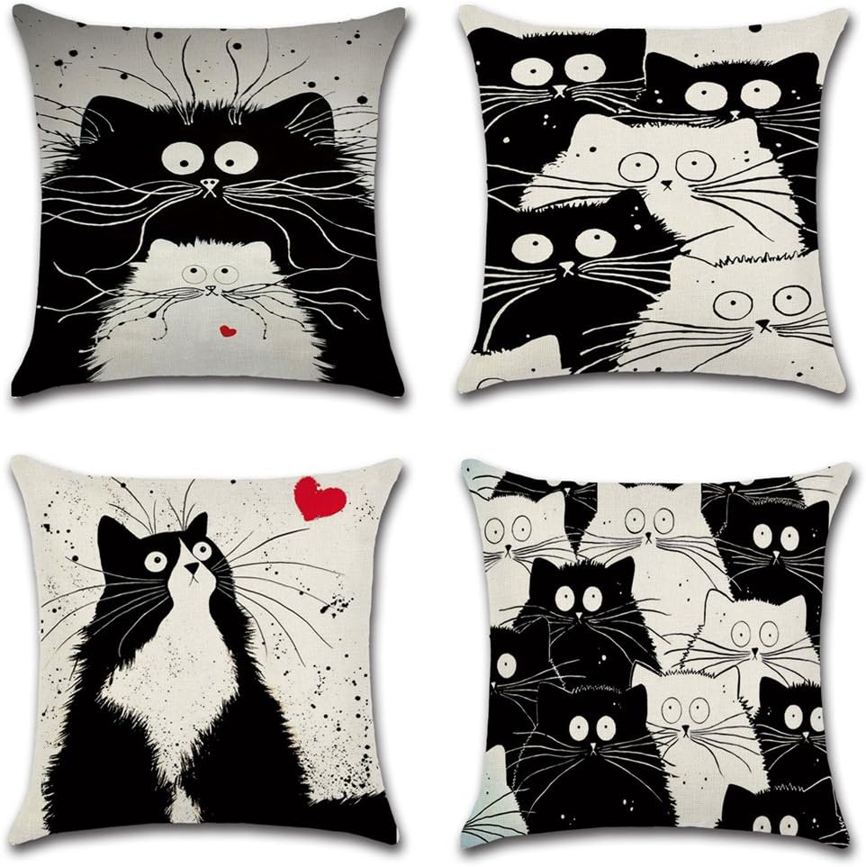 Set of 4 Anime cat pattern Linen Pillowcase Sofa Home Decor Cushion Cover Car pillowcase 45x45cm 18X18 inch
