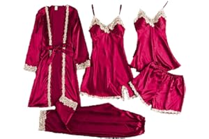 Silk Pajamas for Women 5Pcs Sleepwear Lace Loungewear Satin Robe Cami Dress Shorts Pants Pj Set Soft Cozy Nightgowns
