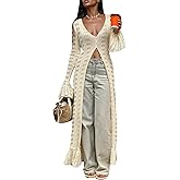LETSVDO Womens Long Crochet Cardigan Bell Sleeve Ruffle Knit Hollow Out Lightweight Duster Sweater Beach Cover up Dress