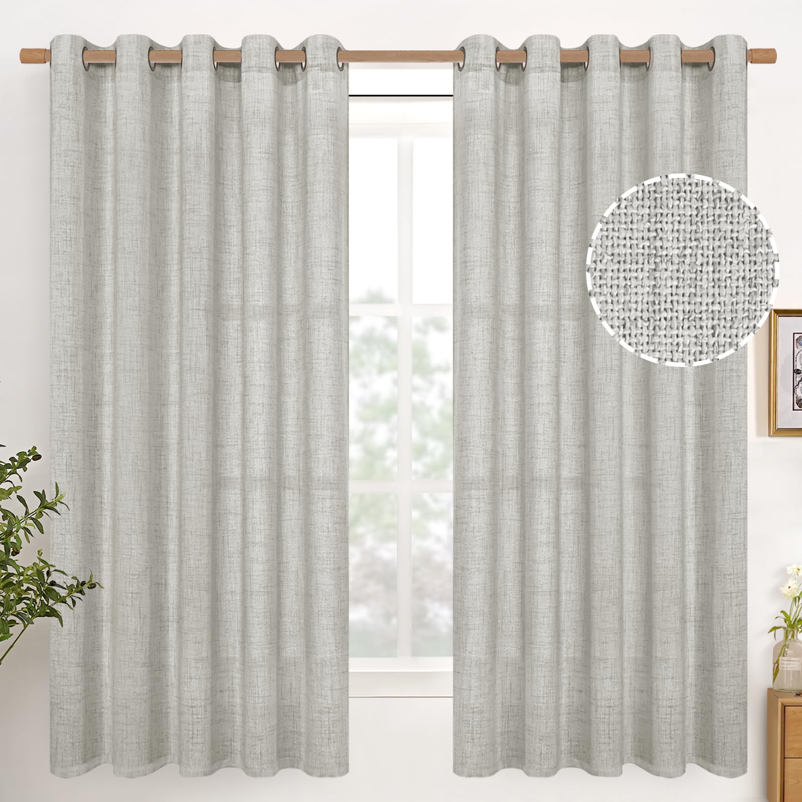 YoungsTex Light Grey Linen Curtains 63 Inches Long Bronze Grommet Light Filtering Window Drapes for Living Room Bedroom Office Lightweight, 60 x 63 Inch, 2 Panels Image