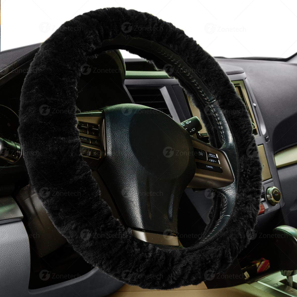 thumbnail image 2 of Zone Tech Genuine Sheepskin Steering Wheel Cover – Slip-On – Black/Gray/White – 14.5-15 Inch 2 of 5